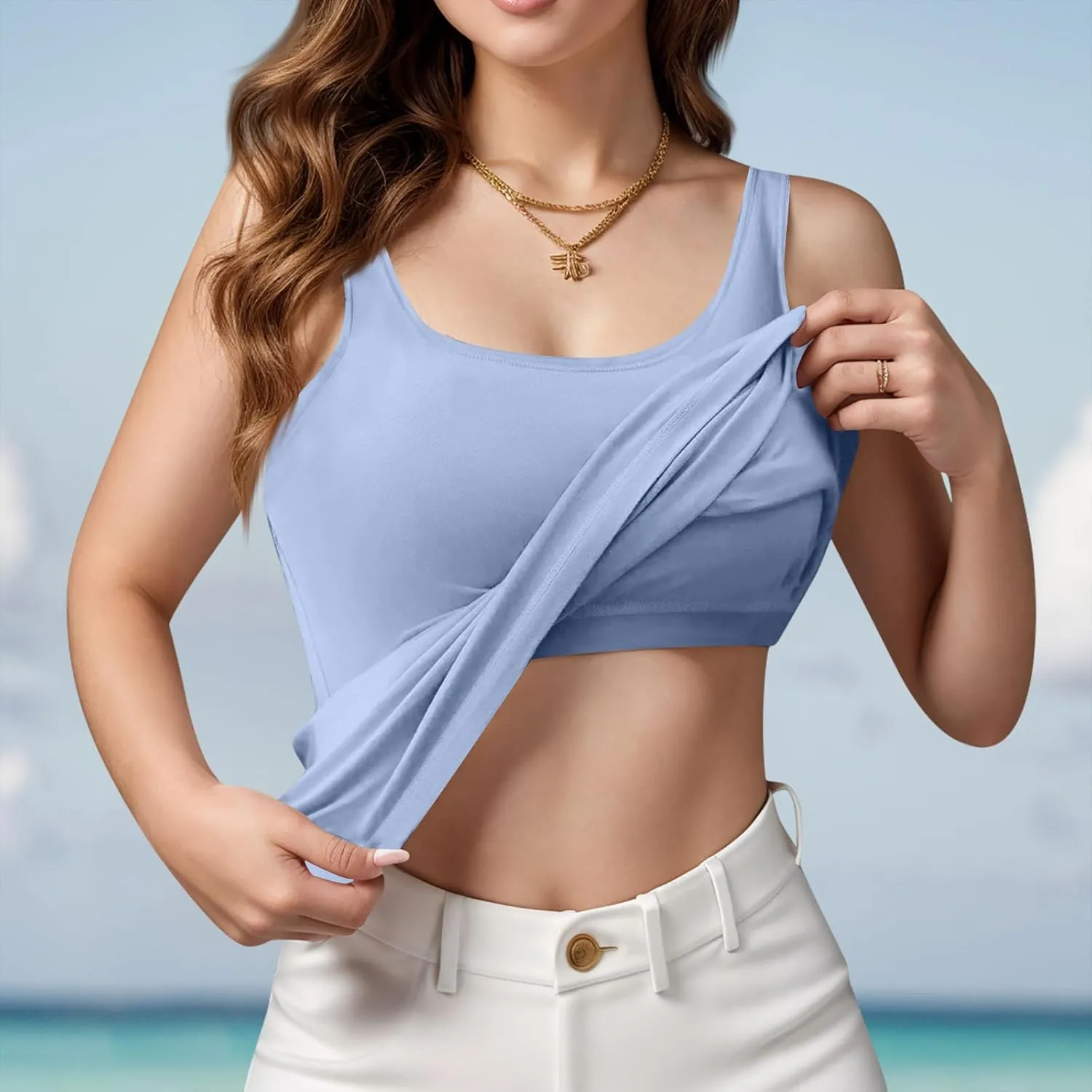 Camisole Top for Women Built in Bra 2024 Summer Sexy Spaghetti Strap Cami Tank Top Basic Undershirt with Chest Pad