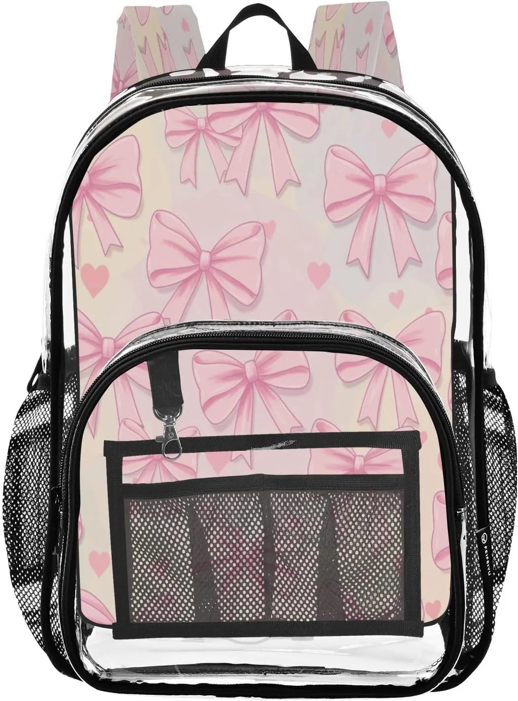 Cartoon Bows Clear Backpack with Back Print, Heavy Duty See Through Backpacks PVC Transparent Daypack for Travel Security