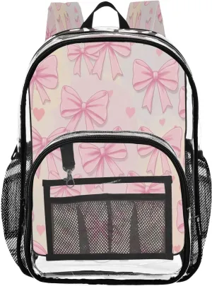 Cartoon Bows Clear Backpack with Back Print, Heavy Duty See Through Backpacks PVC Transparent Daypack for Travel Security