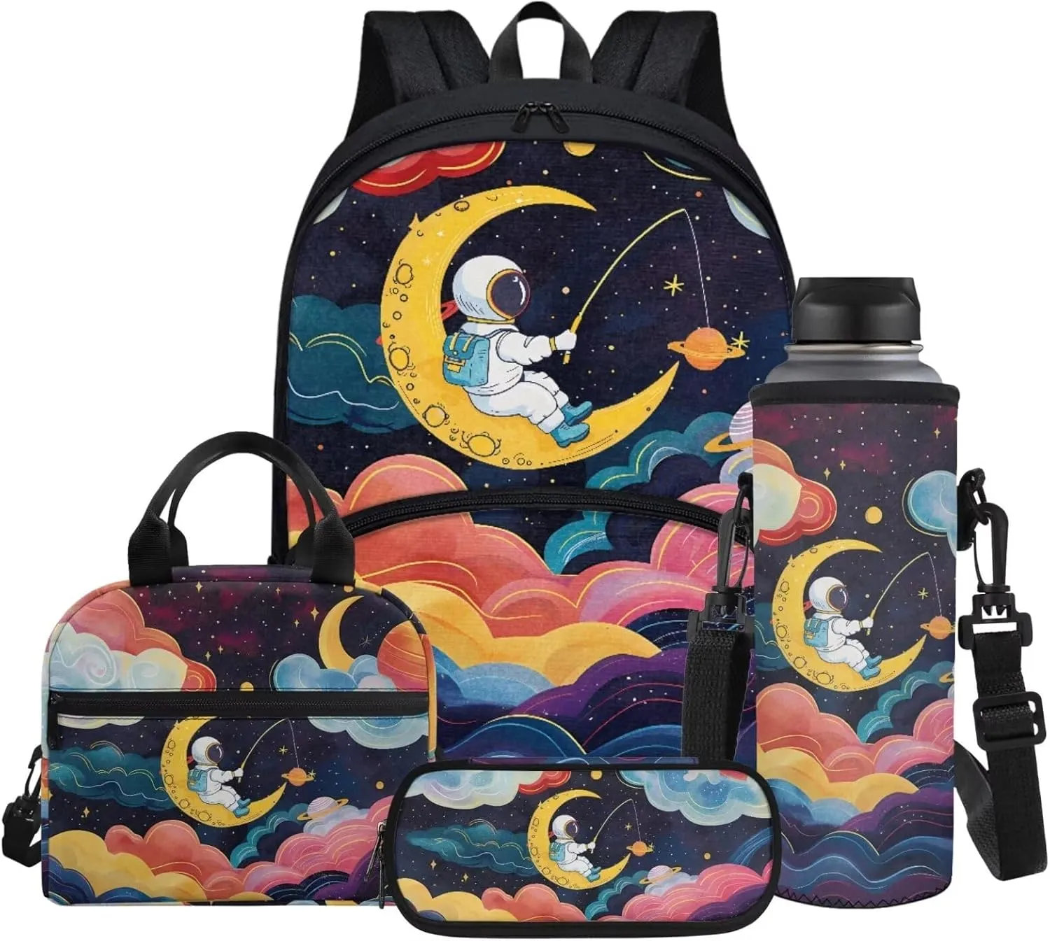 Cartoon Moon Astronaut Backpack for Boys Girls Back to School Shoulder Bookbags Set, Insulated Thermal Lunch Totes,Pencil Holder,Cooler Water Bottle Sleeve 4 in 1