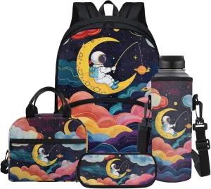 Cartoon Moon Astronaut Backpack for Boys Girls Back to School Shoulder Bookbags Set, Insulated Thermal Lunch Totes,Pencil Holder,Cooler Water Bottle Sleeve 4 in 1