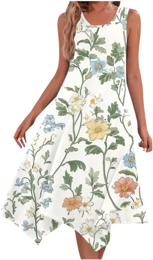 Casual Dresses for Women Summer Fashion Boho Floral Print Irregular Hem Sleeveless Round Neck Sundress Beach Dress