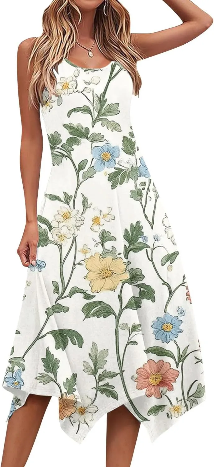 Casual Dresses for Women Summer Fashion Boho Floral Print Irregular Hem Sleeveless Round Neck Sundress Beach Dress