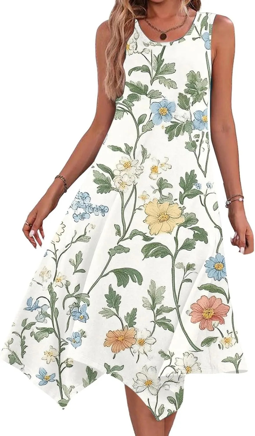 Casual Dresses for Women Summer Fashion Boho Floral Print Irregular Hem Sleeveless Round Neck Sundress Beach Dress