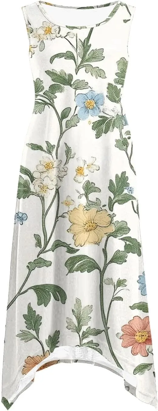Casual Dresses for Women Summer Fashion Boho Floral Print Irregular Hem Sleeveless Round Neck Sundress Beach Dress