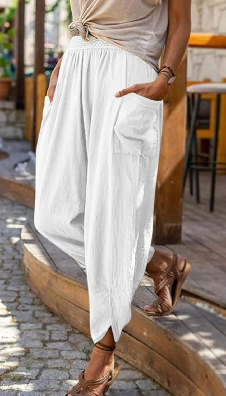 CHARTOU Women Casual Linen Beach Pants Tapered Pants with Pocket Lightweight Summer Pants Lounge Harem Pants