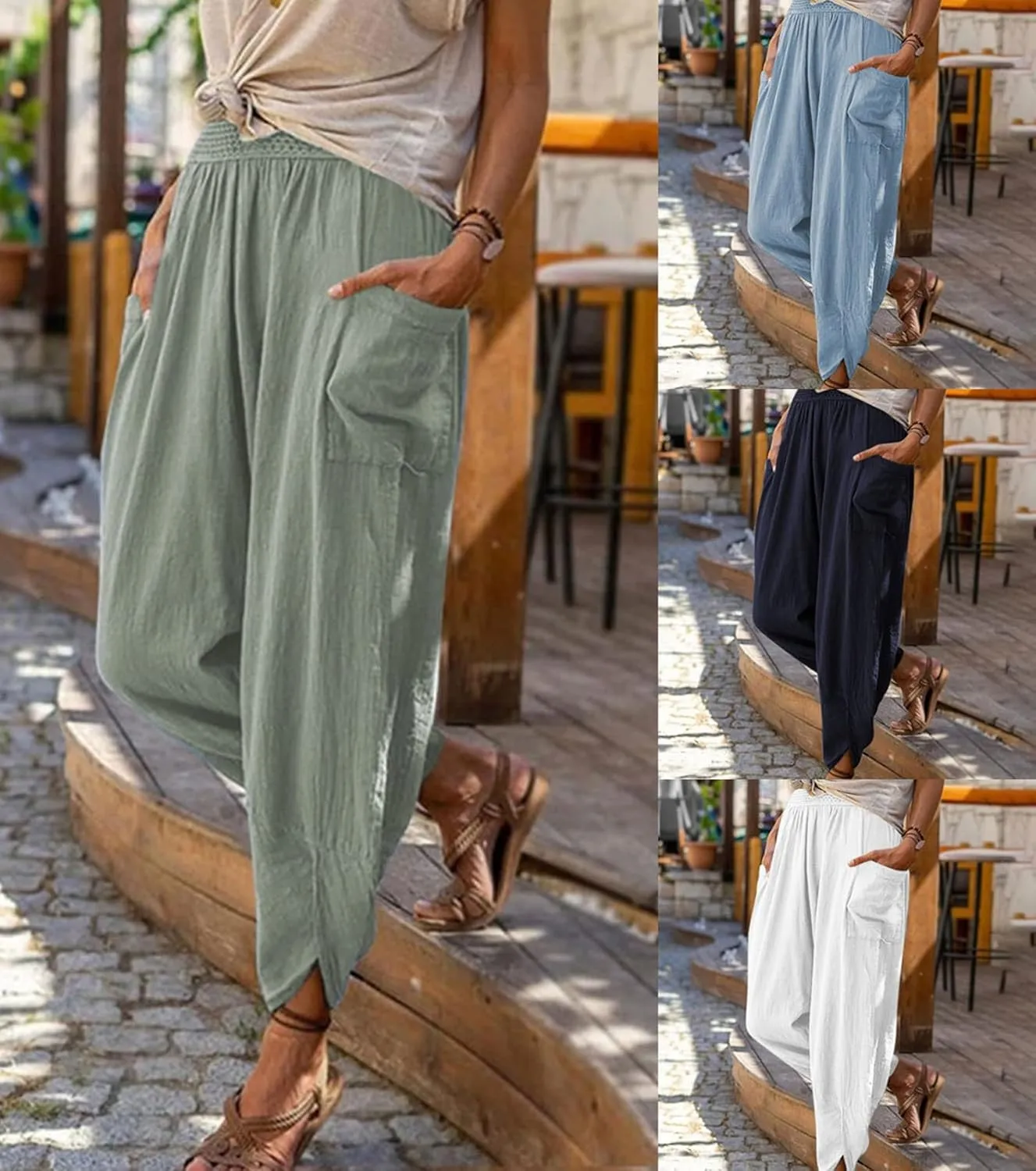 CHARTOU Women Casual Linen Beach Pants Tapered Pants with Pocket Lightweight Summer Pants Lounge Harem Pants