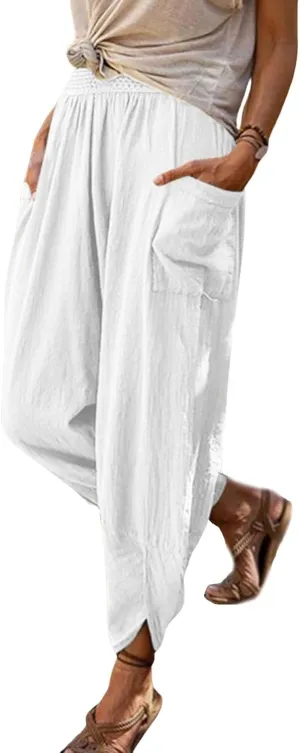 CHARTOU Women Casual Linen Beach Pants Tapered Pants with Pocket Lightweight Summer Pants Lounge Harem Pants