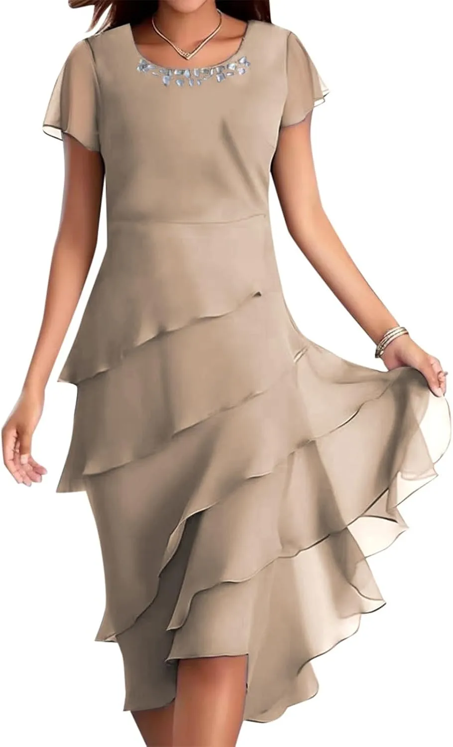 Chiffon Dresses for Women Cocktail Wedding Guest Dress Mother of The Bride Dress Short Sleeve Formal Midi Gown