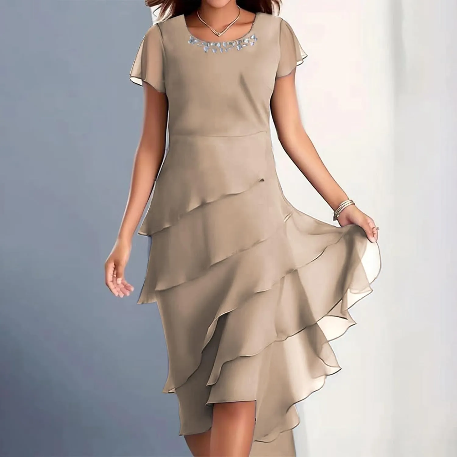 Chiffon Dresses for Women Cocktail Wedding Guest Dress Mother of The Bride Dress Short Sleeve Formal Midi Gown