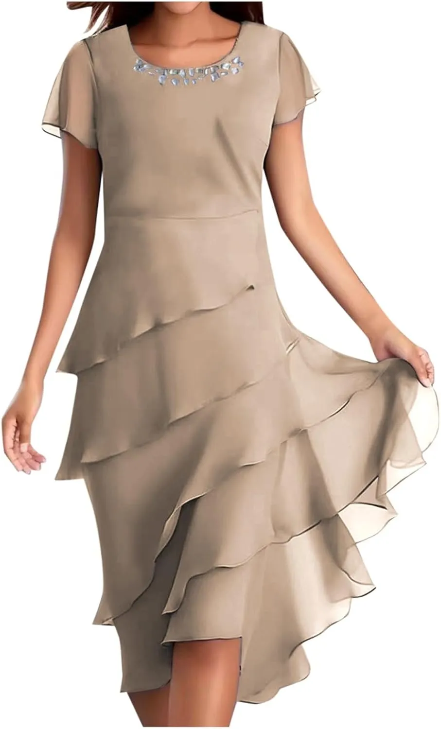 Chiffon Dresses for Women Cocktail Wedding Guest Dress Mother of The Bride Dress Short Sleeve Formal Midi Gown
