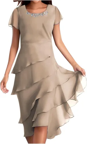 Chiffon Dresses for Women Cocktail Wedding Guest Dress Mother of The Bride Dress Short Sleeve Formal Midi Gown