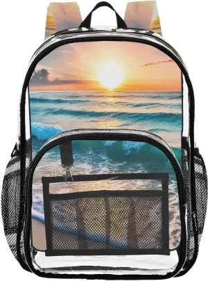 Clear Beach Sunset Clear Backpack with Back Print, Heavy Duty See Through Backpacks PVC Transparent Daypack for Travel Security