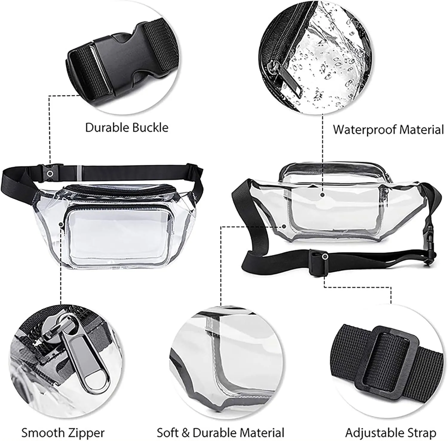 Clear Fanny Pack Stadium Approved Clear Belt Bag Waterproof Travel Waist Packs with Adjustable Belt for Women Men