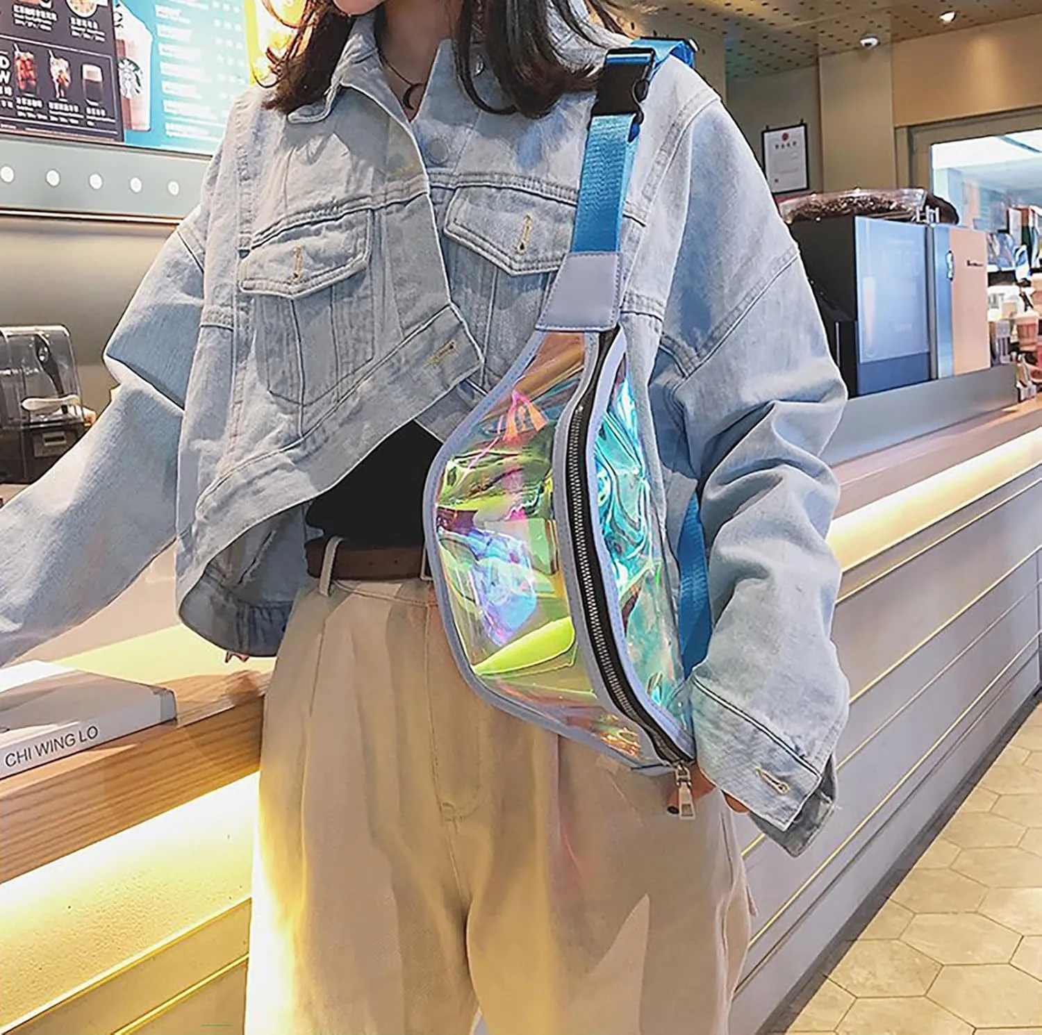 Clear Holographic Fanny Pack Shiny Belt Bag Waterproof Travel Waist Packs with Adjustable Belt for Women Men Girls, (Blue)
