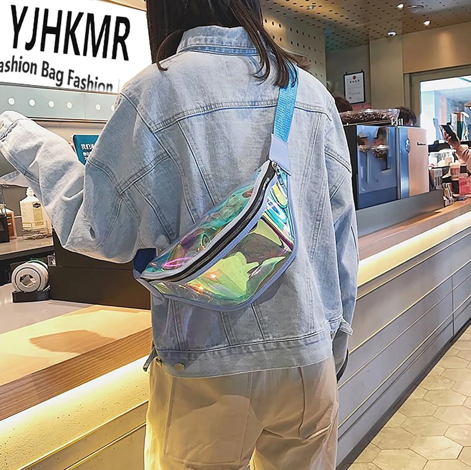 Clear Holographic Fanny Pack Shiny Belt Bag Waterproof Travel Waist Packs with Adjustable Belt for Women Men Girls, (Blue)
