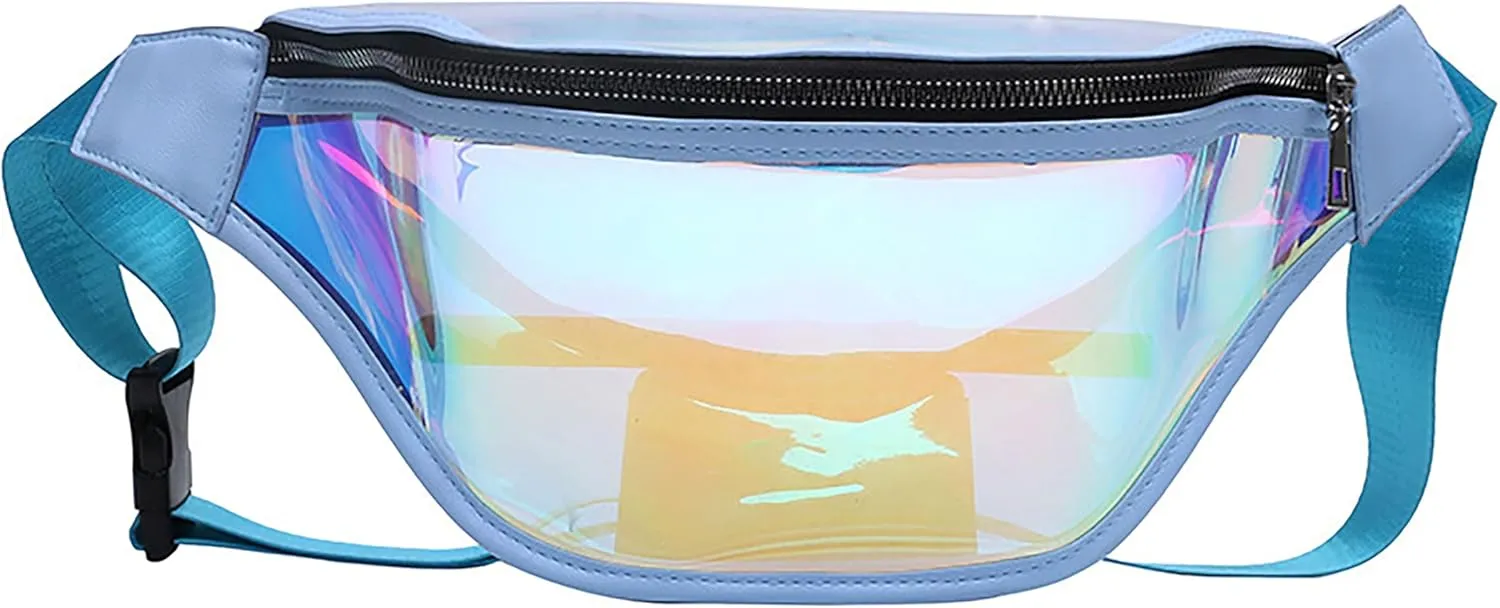 Clear Holographic Fanny Pack Shiny Belt Bag Waterproof Travel Waist Packs with Adjustable Belt for Women Men Girls, (Blue)