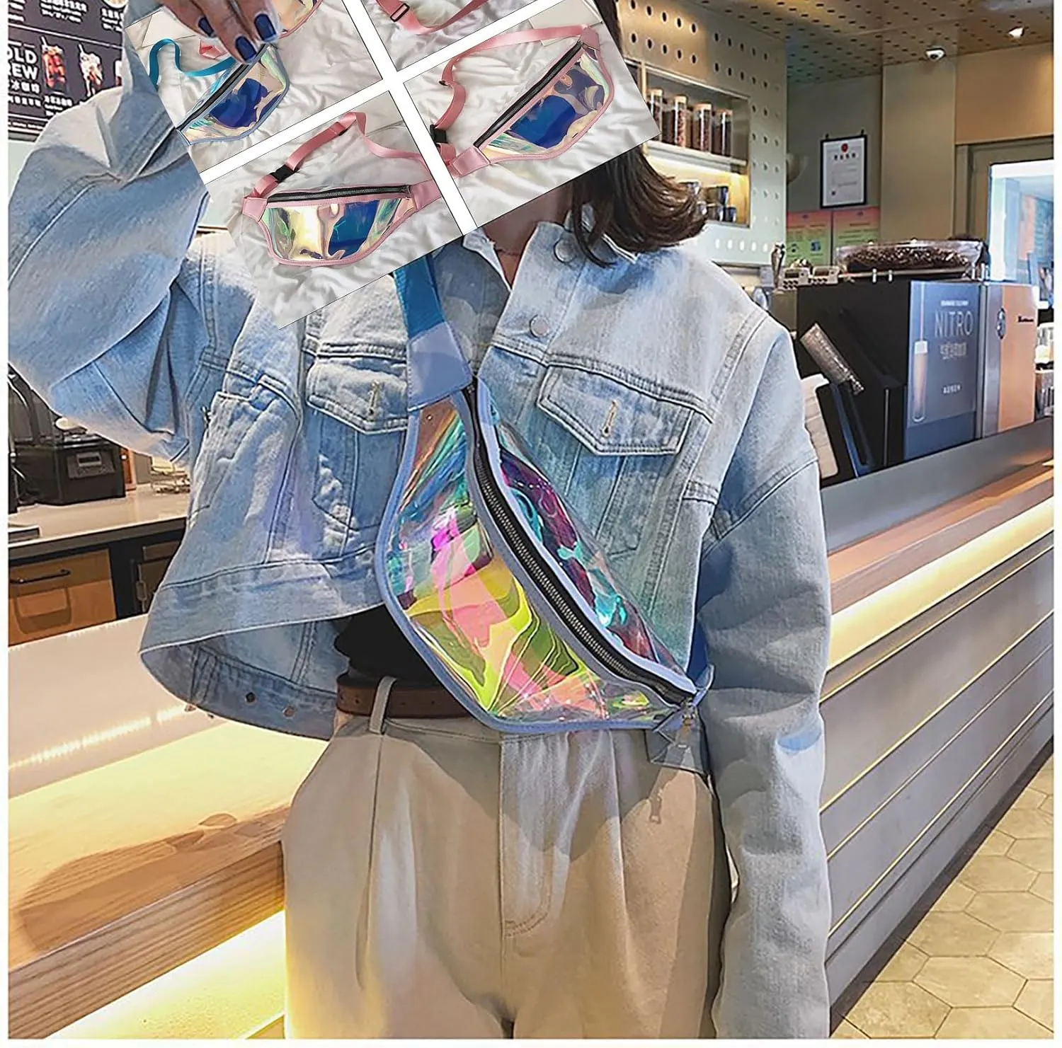 Clear Holographic Fanny Pack Shiny Belt Bag Waterproof Travel Waist Packs with Adjustable Belt for Women Men Girls, (Blue)