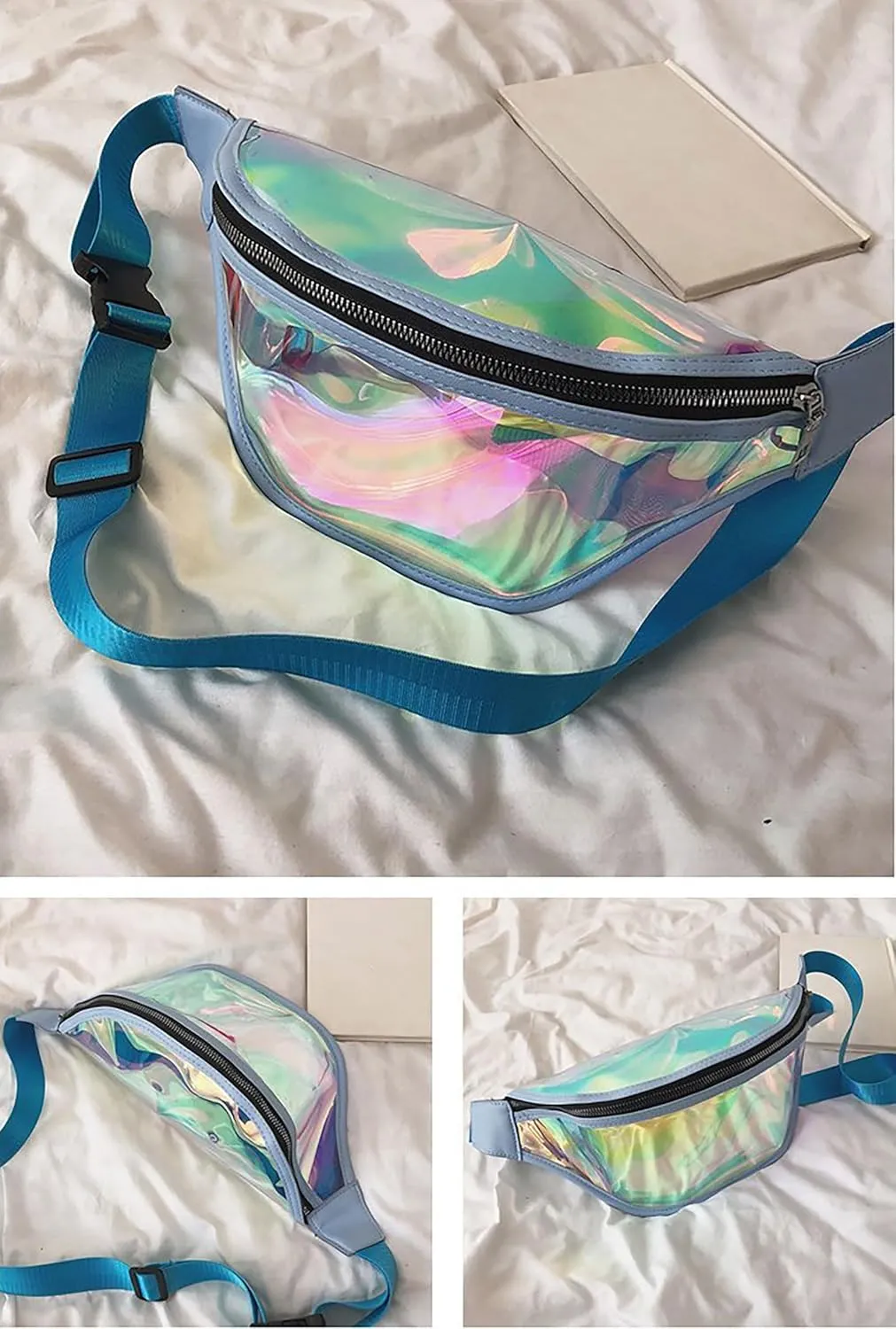Clear Holographic Fanny Pack Shiny Belt Bag Waterproof Travel Waist Packs with Adjustable Belt for Women Men Girls, (Blue)
