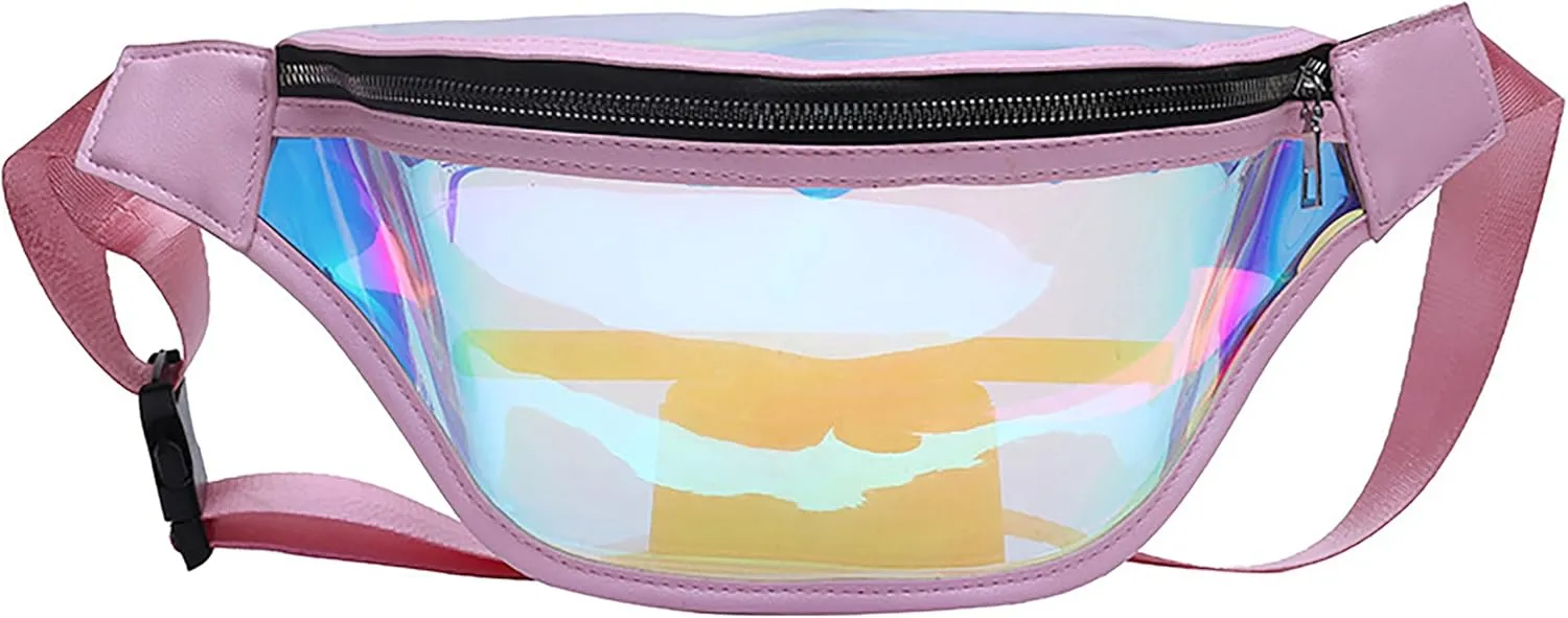 Clear Holographic Fanny Pack Shiny Belt Bag Waterproof Travel Waist Packs with Adjustable Belt for Women Men Girls (Pink)