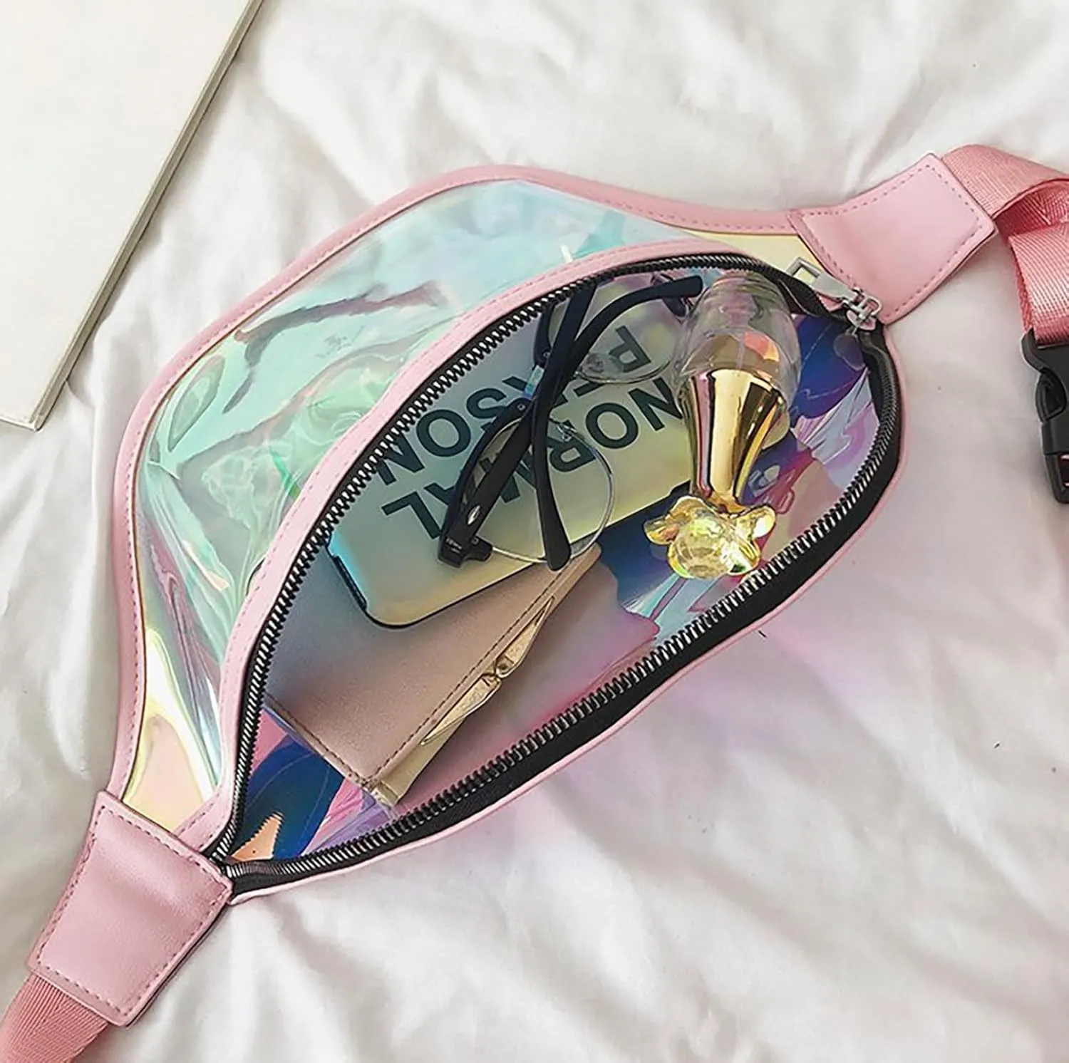 Clear Holographic Fanny Pack Shiny Belt Bag Waterproof Travel Waist Packs with Adjustable Belt for Women Men Girls (Pink)