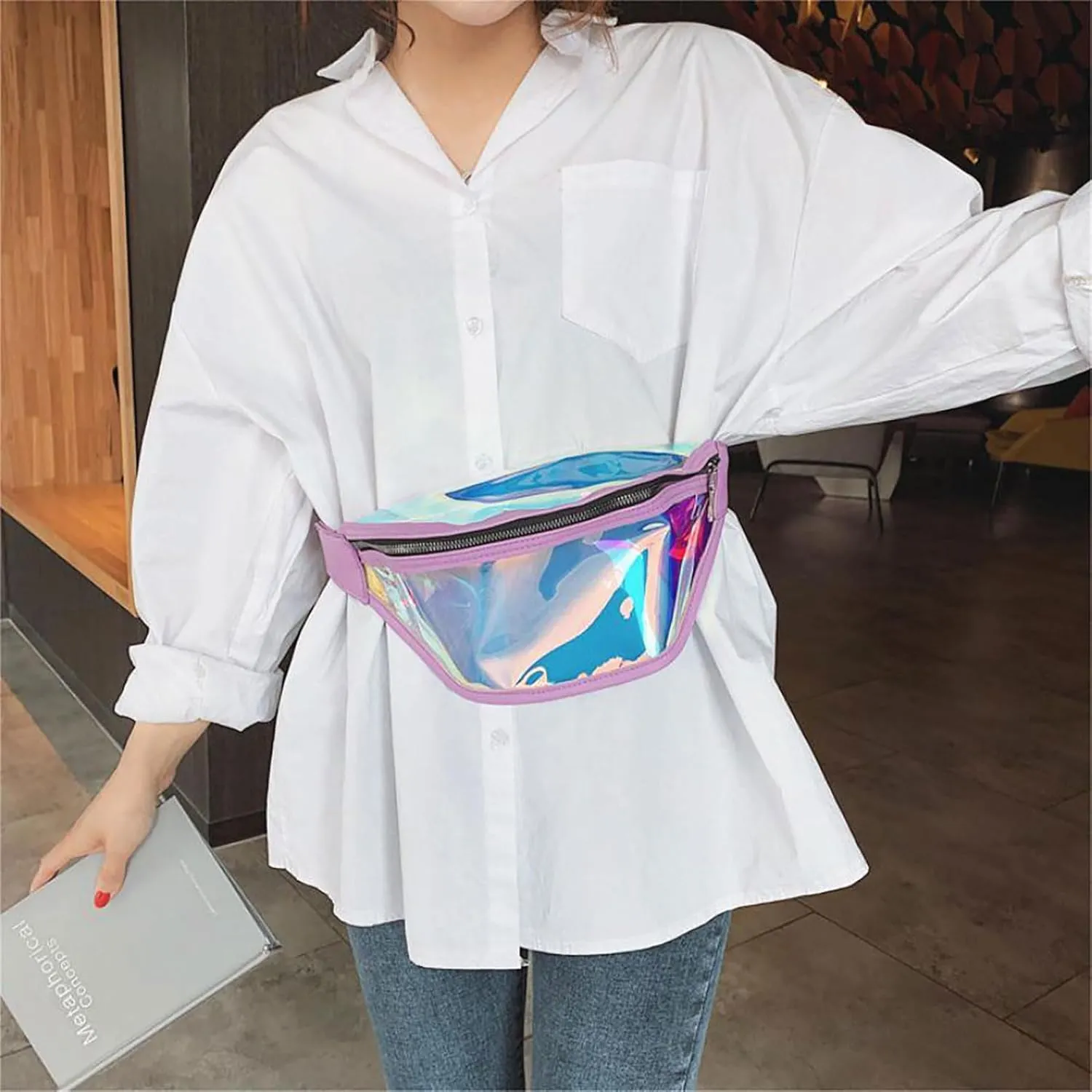 Clear Holographic Fanny Pack Shiny Belt Bag Waterproof Travel Waist Packs with Adjustable Belt for Women Men Girls (Pink)