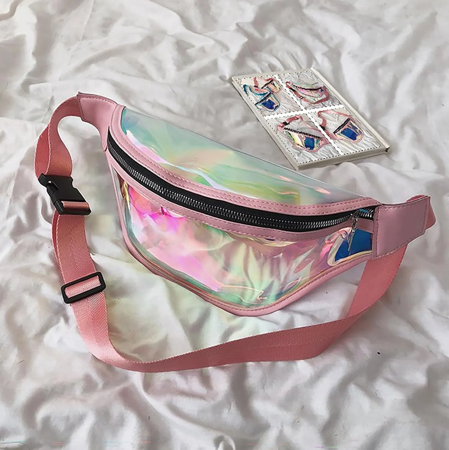 Clear Holographic Fanny Pack Shiny Belt Bag Waterproof Travel Waist Packs with Adjustable Belt for Women Men Girls (Pink)