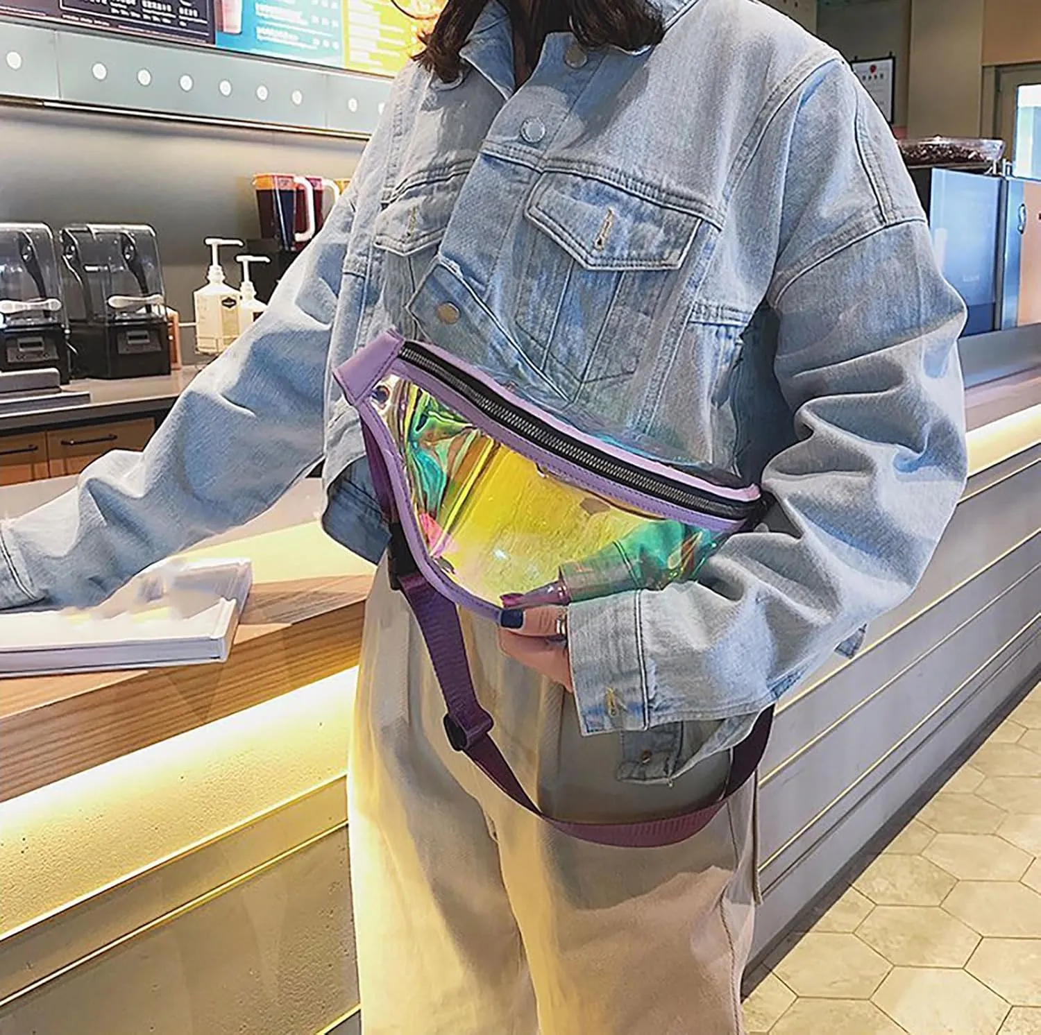 Clear Holographic Fanny Pack Shiny Belt Bag Waterproof Travel Waist Packs with Adjustable Belt for Women Men Girls (Purple)