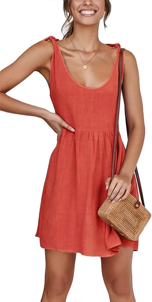 CNJFJ Womens Summer Shoulder Tie Strap Babydoll Dress Casual Scoop Neck A-Line Skater Swing Mini Sundress Coral