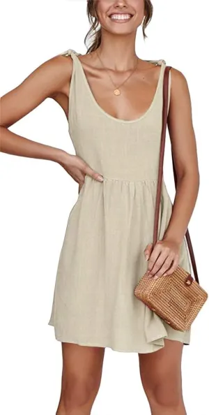 CNJFJ Womens Summer Shoulder Tie Strap Babydoll Dress Casual Scoop Neck A-Line Skater Swing Mini Sundress Khaki