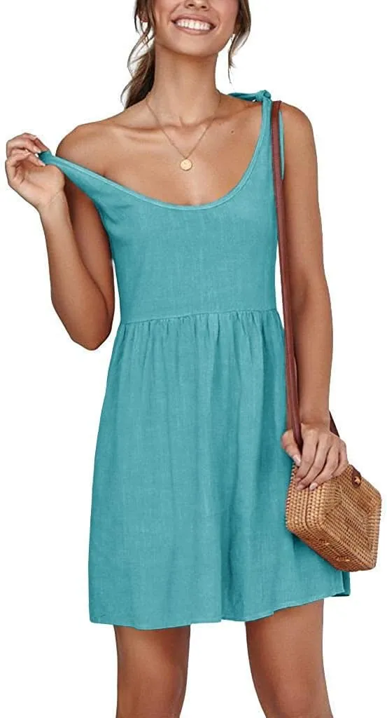 CNJFJ Womens Summer Shoulder Tie Strap Babydoll Dress Casual Scoop Neck A-Line Skater Swing Mini Sundress Lake Blue