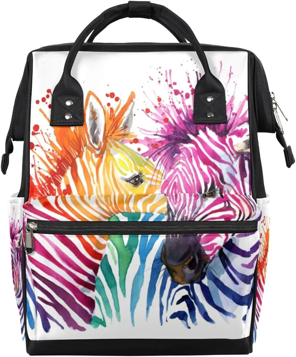 Colorful Cute Zebra Diaper Bag Tote Large Capacity Waterproof with Adjustable Shoulder Strap and Pram Straps Mommy Bag for Hospital Beach Weekender Travel