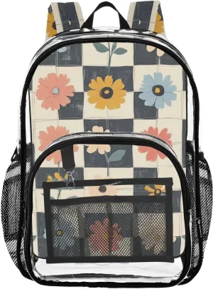 Colorful Flowers and Buffalo Print Clear Backpack with Back Print, Heavy Duty See Through Backpacks PVC Transparent Daypack for Travel Security