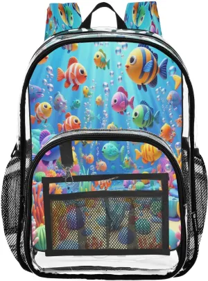 Colorful Sea Fishes Clear Backpack with Back Print, Heavy Duty See Through Backpacks PVC Transparent Daypack for Travel Security