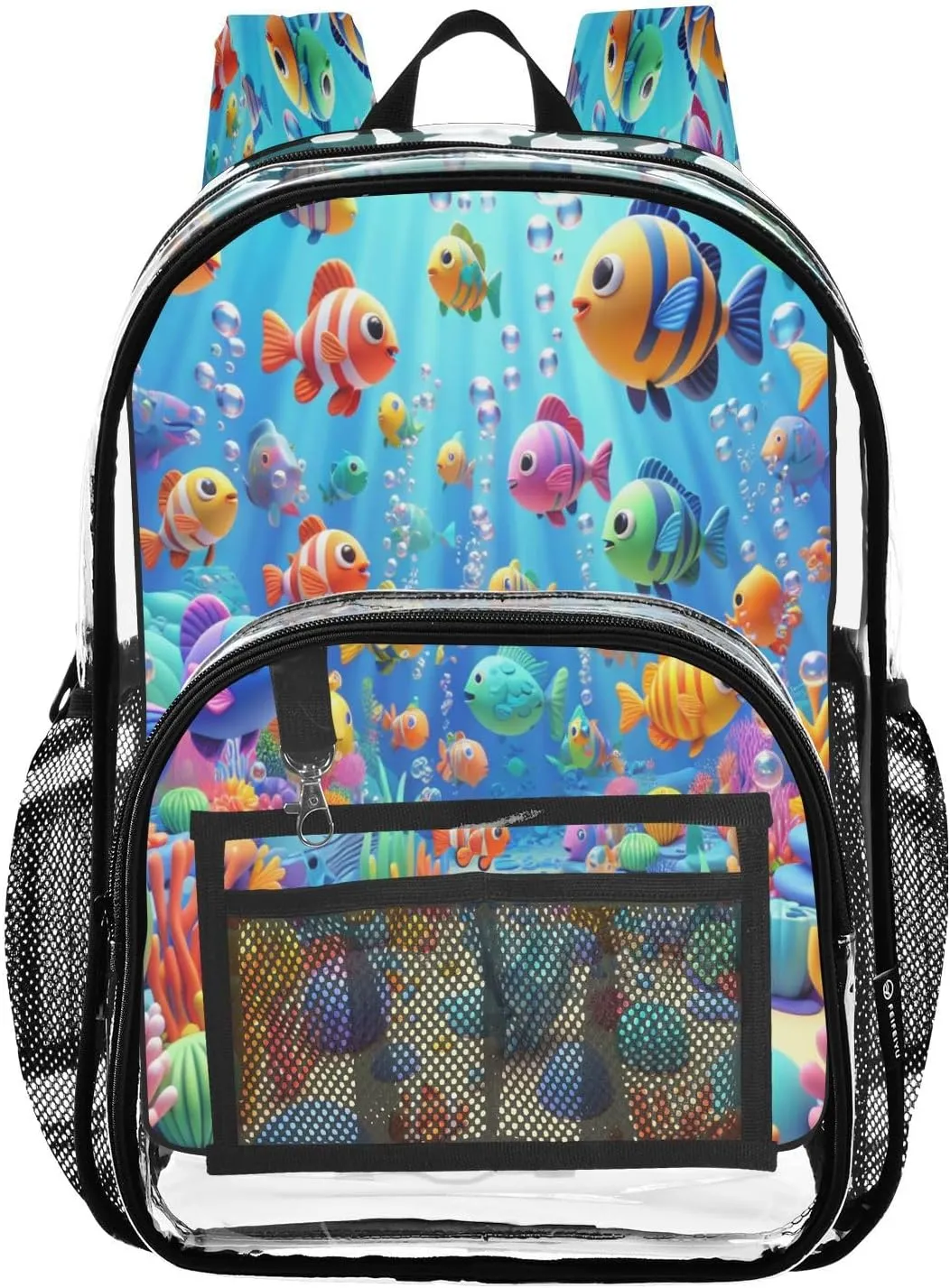 Colorful Sea Fishes Clear Backpack with Back Print, Heavy Duty See Through Backpacks PVC Transparent Daypack for Travel Security