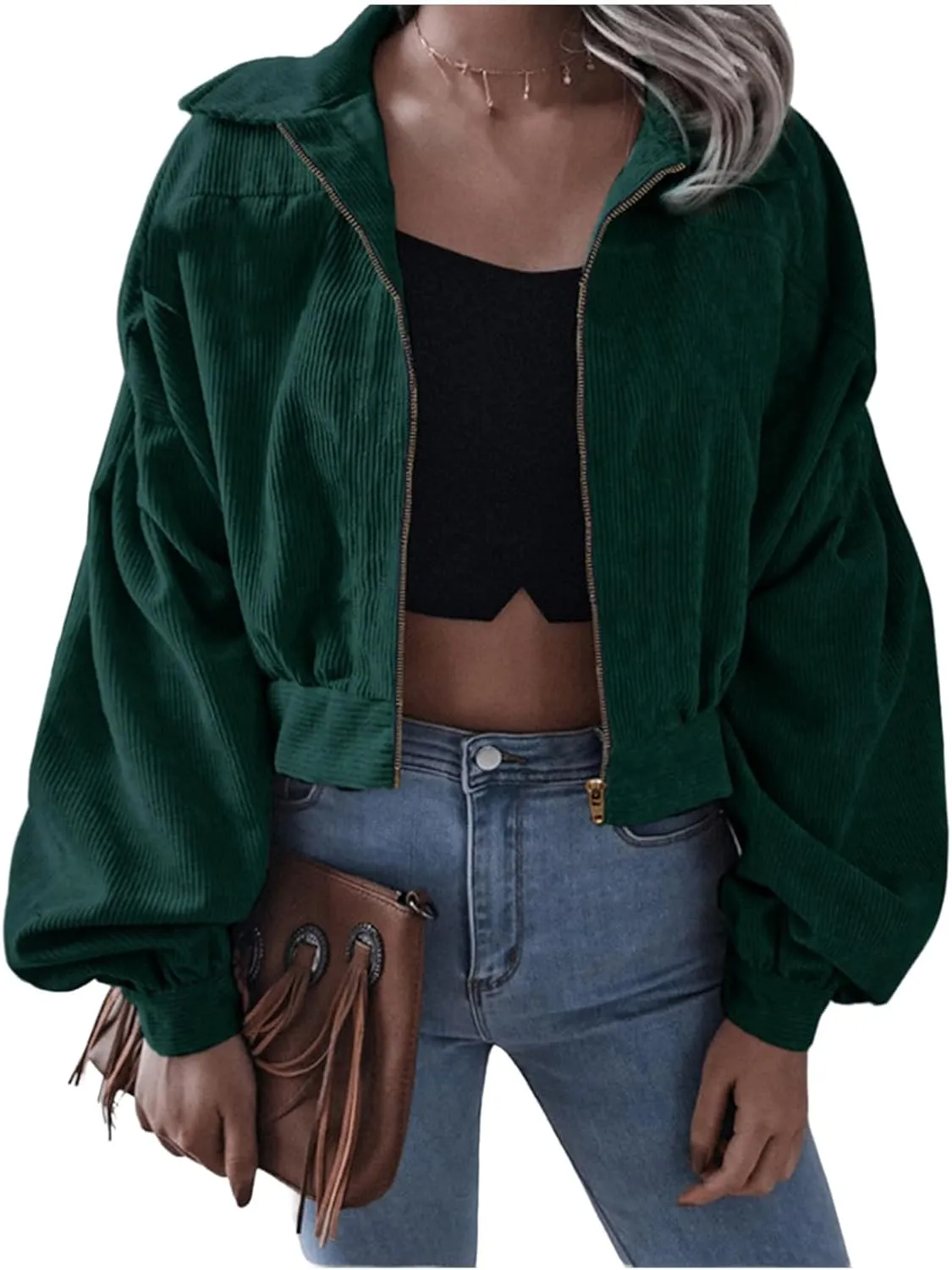 Corduroy Jacket Women Cropped Fall Bomber Jackets Loose Button Down&Zipper Lightweight Shacket Loose Casual Cozy Coat