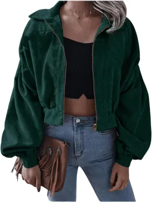 Corduroy Jacket Women Cropped Fall Bomber Jackets Loose Button Down&Zipper Lightweight Shacket Loose Casual Cozy Coat