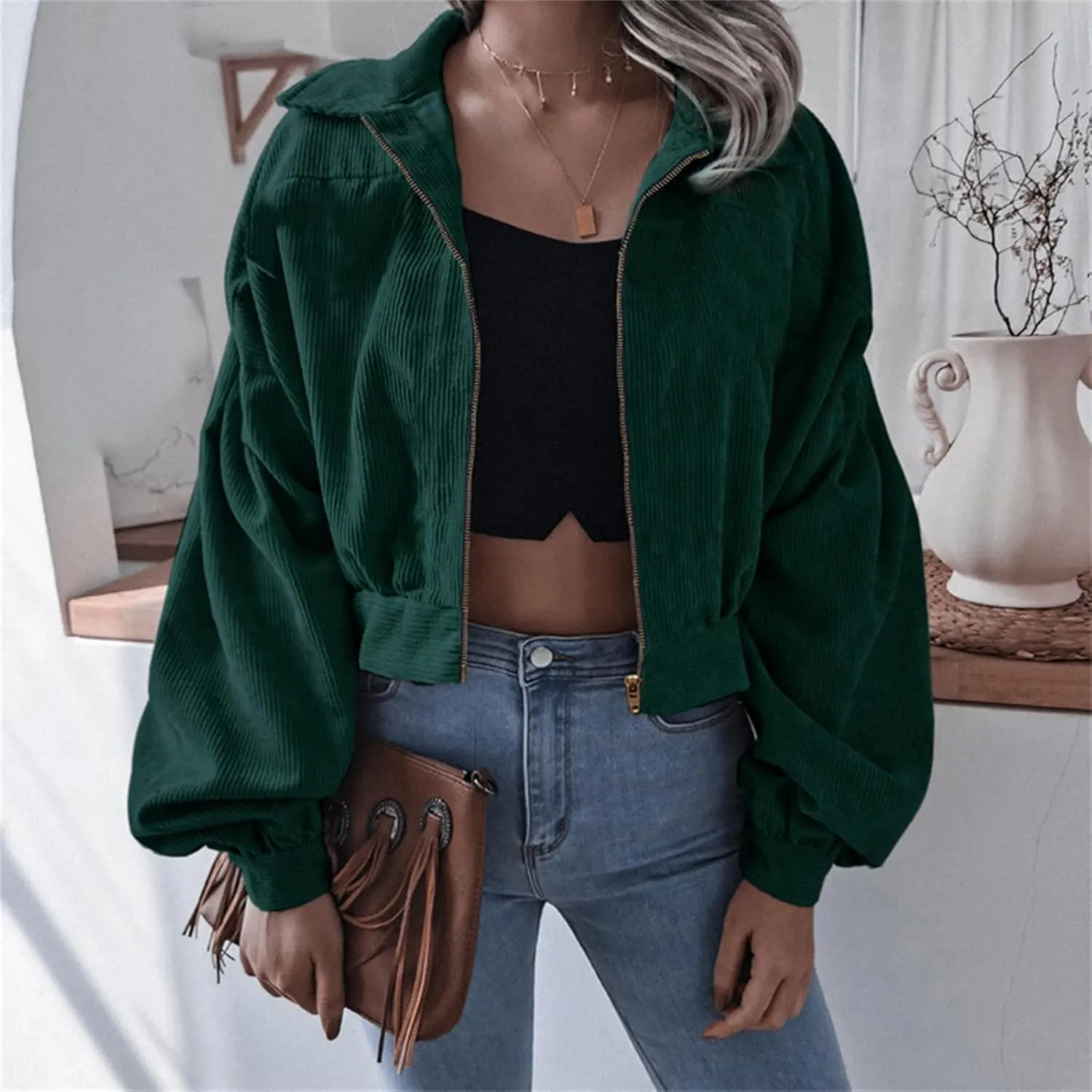Corduroy Jacket Women Cropped Fall Bomber Jackets Loose Button Down&Zipper Lightweight Shacket Loose Casual Cozy Coat