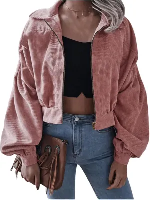 Corduroy Jacket Women Cropped Fall Bomber Jackets Loose Button Down&Zipper Lightweight Shacket Loose Casual Cozy Coat