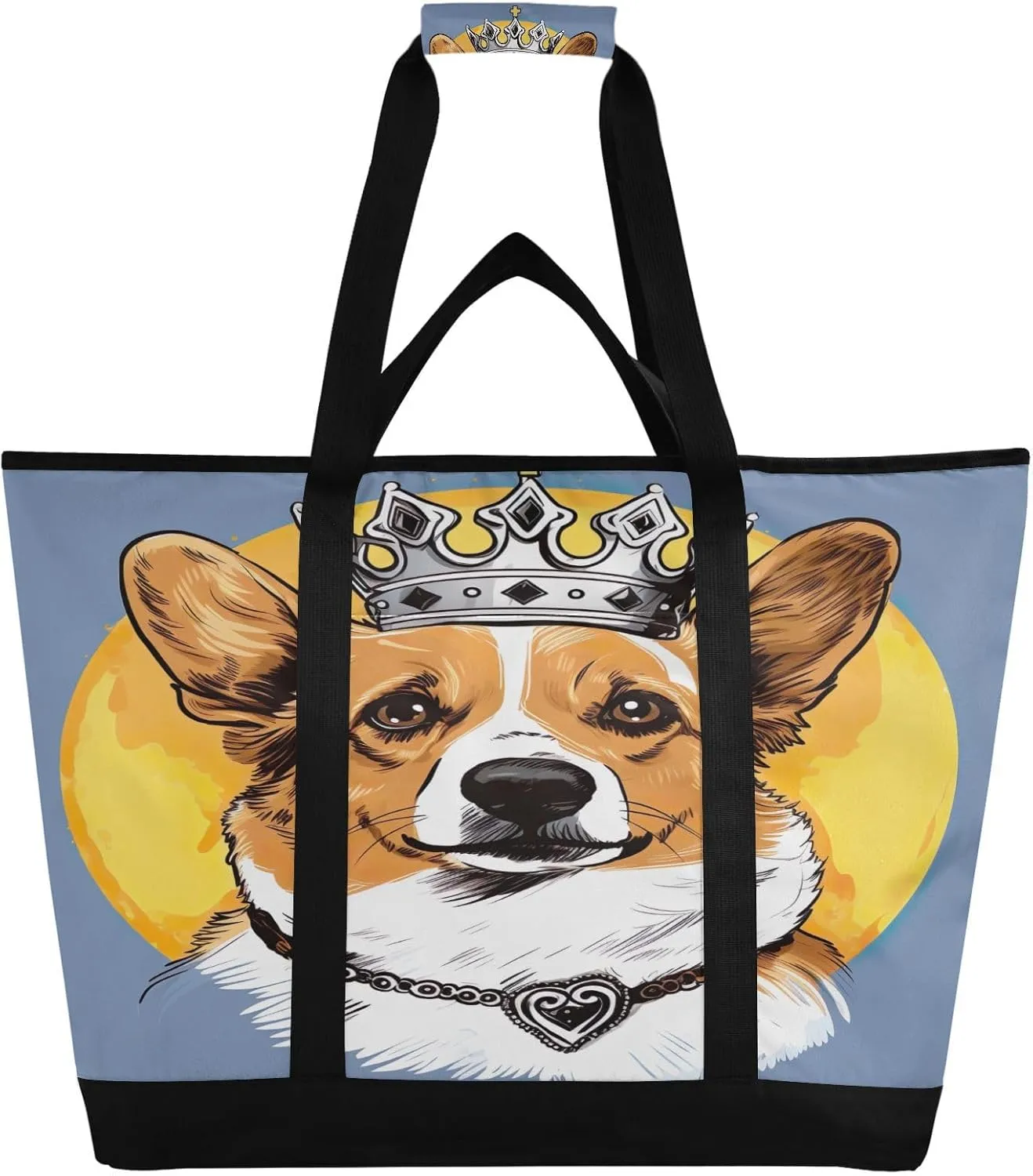 Corgi Crown Tote Bag for Women with Zipper Reusable Grocery Bags Foldable Insulated Cooler Bag Shopping Bags Handbags Totes for Groceries Picnic Beach Travel Work