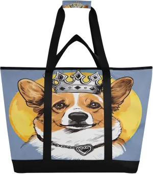 Corgi Crown Tote Bag for Women with Zipper Reusable Grocery Bags Foldable Insulated Cooler Bag Shopping Bags Handbags Totes for Groceries Picnic Beach Travel Work