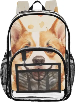 Corgi Pattern Clear Backpack with Back Print, Heavy Duty See Through Backpacks PVC Transparent Daypack for Travel Security