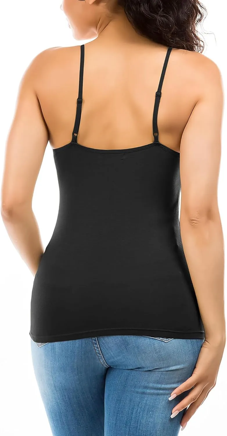 Cotton Camisole Tops for Women Built in Bra Spaghetti Strap Tank Top with Shelf Bra Cami Undershirt Pack 1-4
