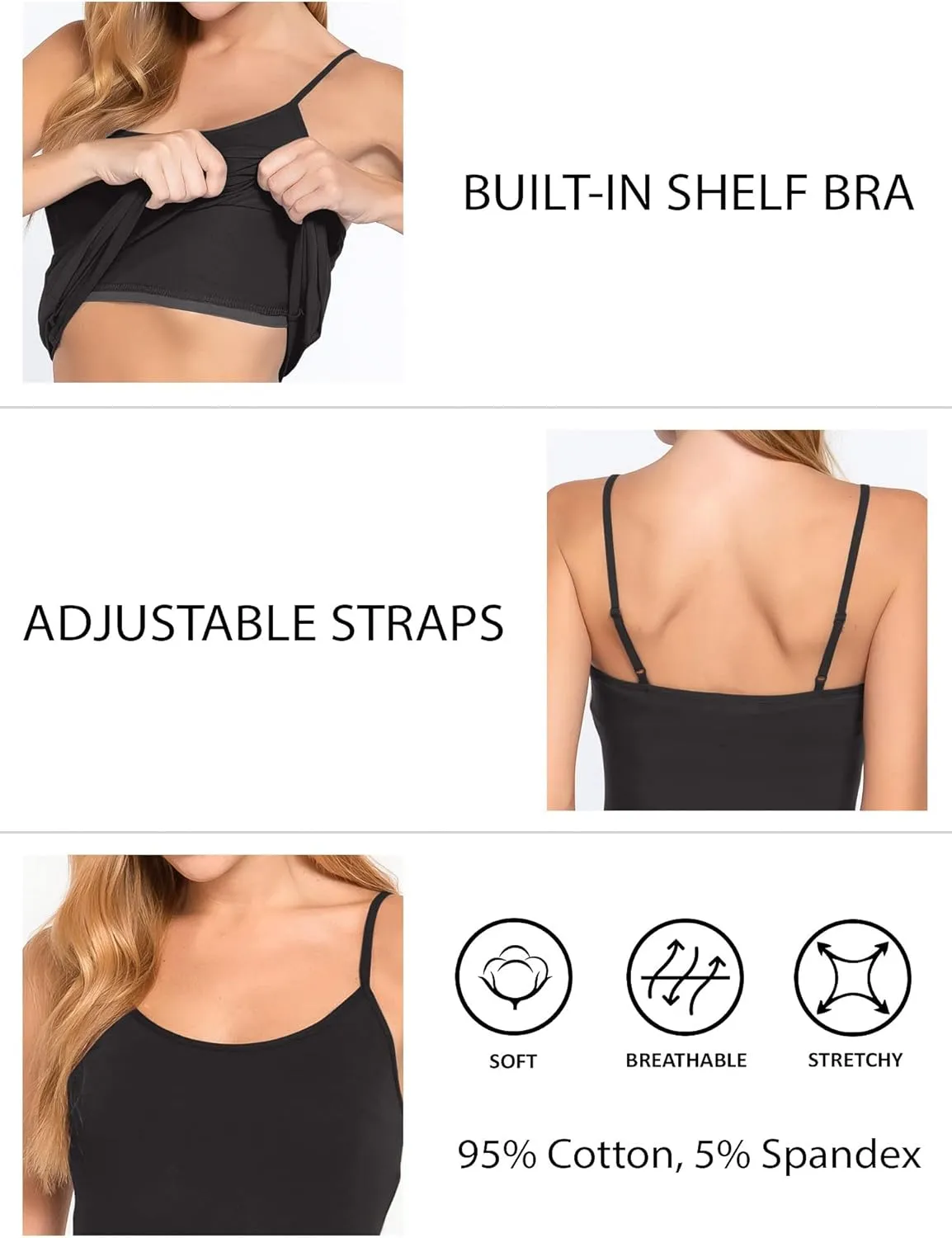 Cotton Camisole Tops for Women Built in Bra Spaghetti Strap Tank Top with Shelf Bra Cami Undershirt Pack 1-4