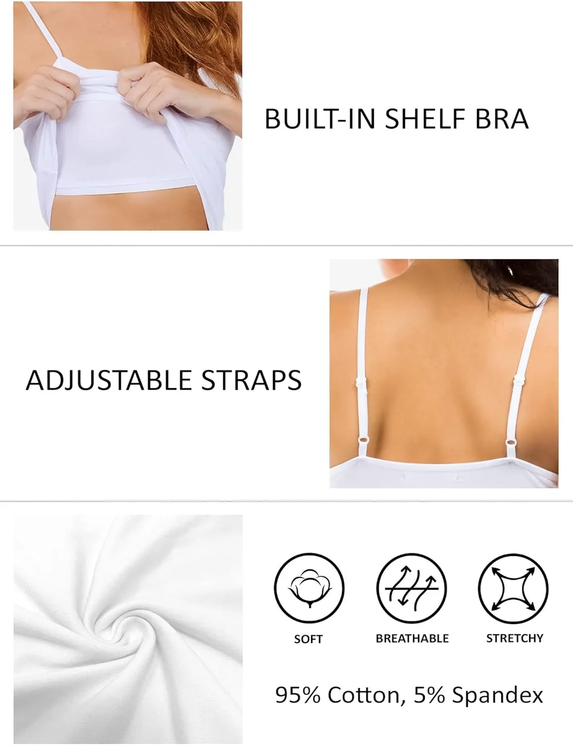 Cotton Camisole Tops for Women Built in Bra Spaghetti Strap Tank Top with Shelf Bra Cami Undershirt Pack 1-4