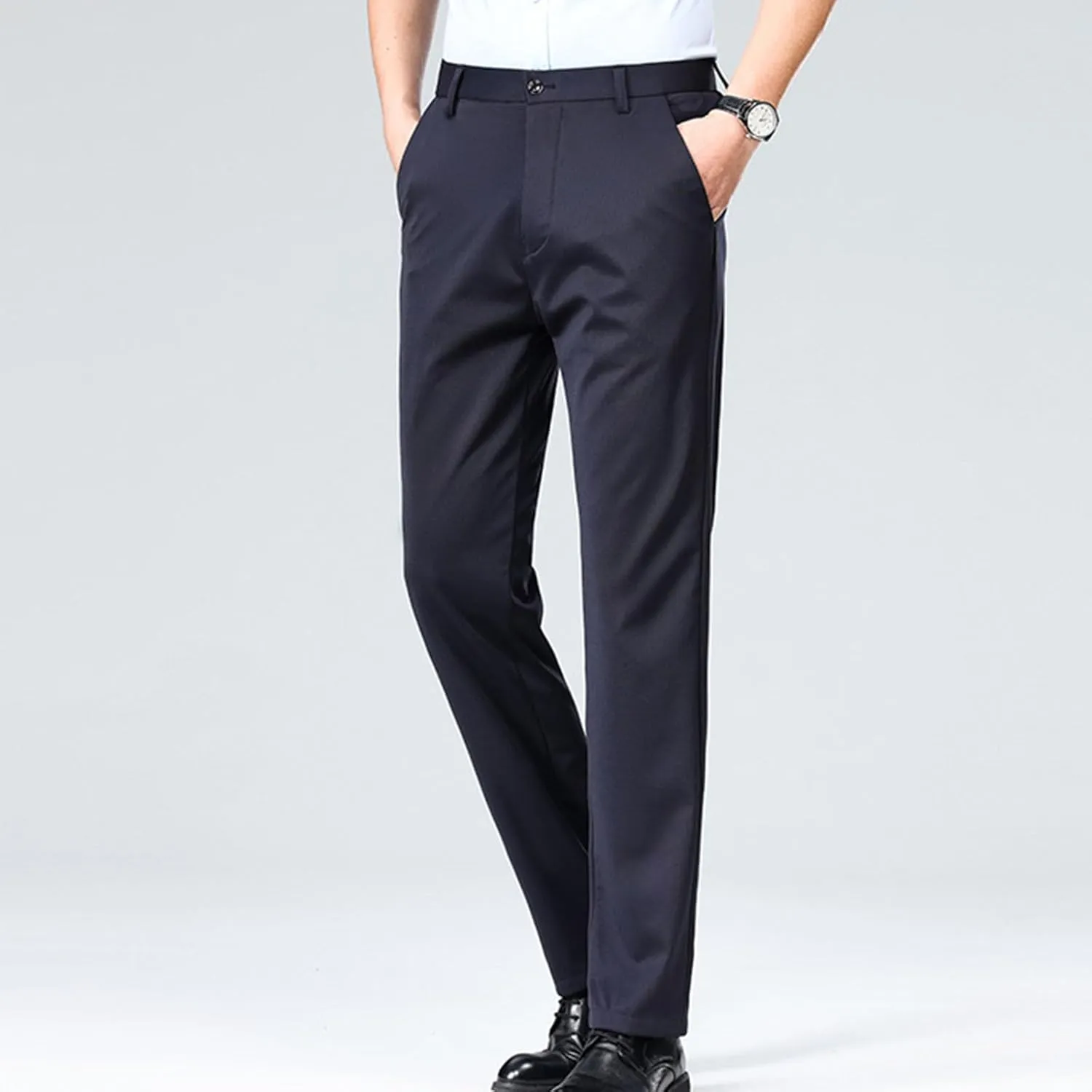Cotton Men's Dress Pants Slim Fit Mid Waist Button Closure Lightweight Formal Trousers Business Office Casual Wedding