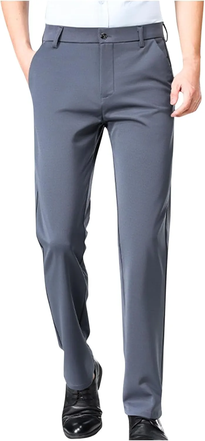 Cotton Men's Dress Pants Slim Fit Mid Waist Button Closure Lightweight Formal Trousers Business Office Casual Wedding