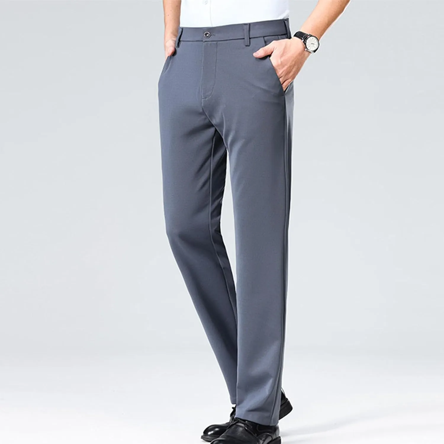 Cotton Men's Dress Pants Slim Fit Mid Waist Button Closure Lightweight Formal Trousers Business Office Casual Wedding