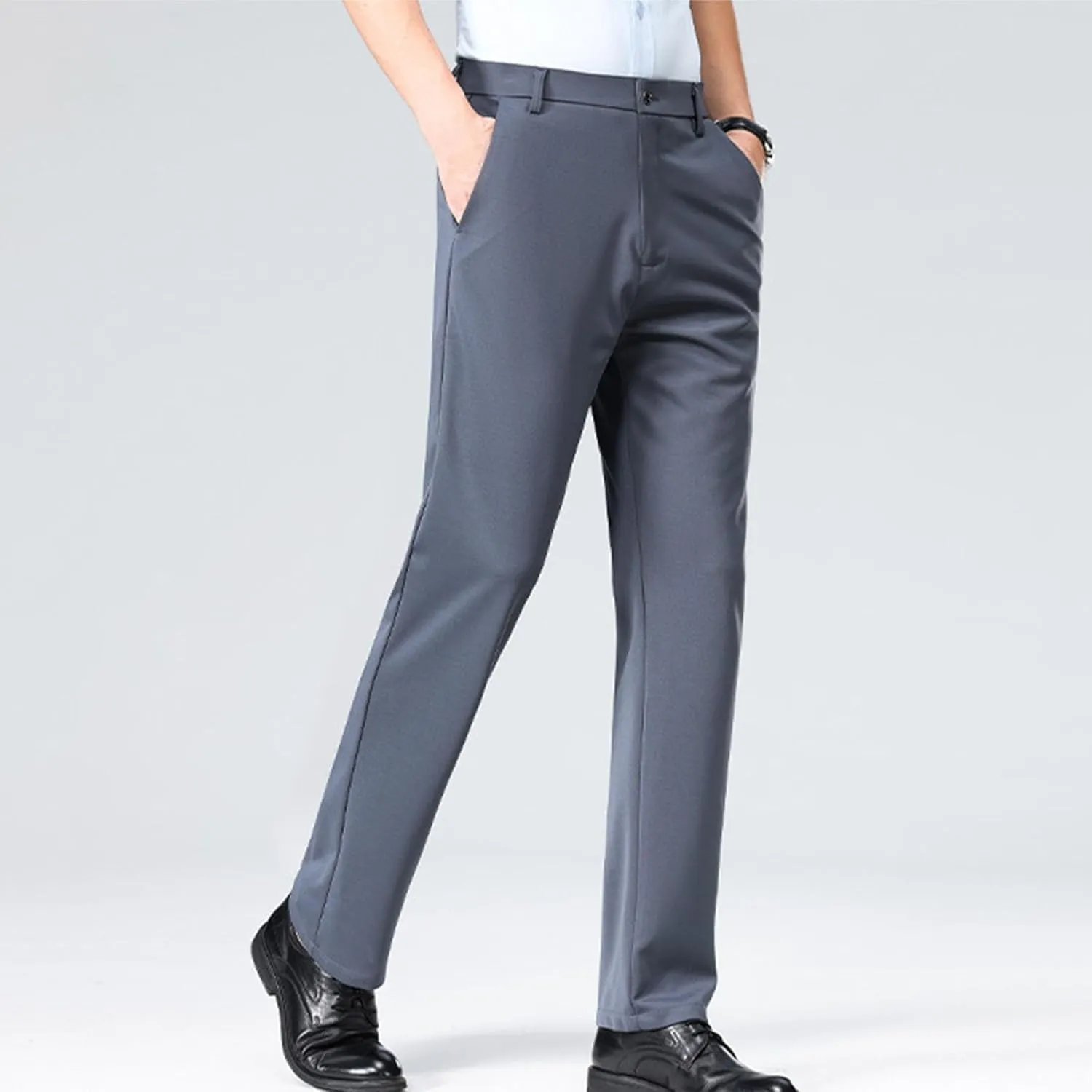 Cotton Men's Dress Pants Slim Fit Mid Waist Button Closure Lightweight Formal Trousers Business Office Casual Wedding