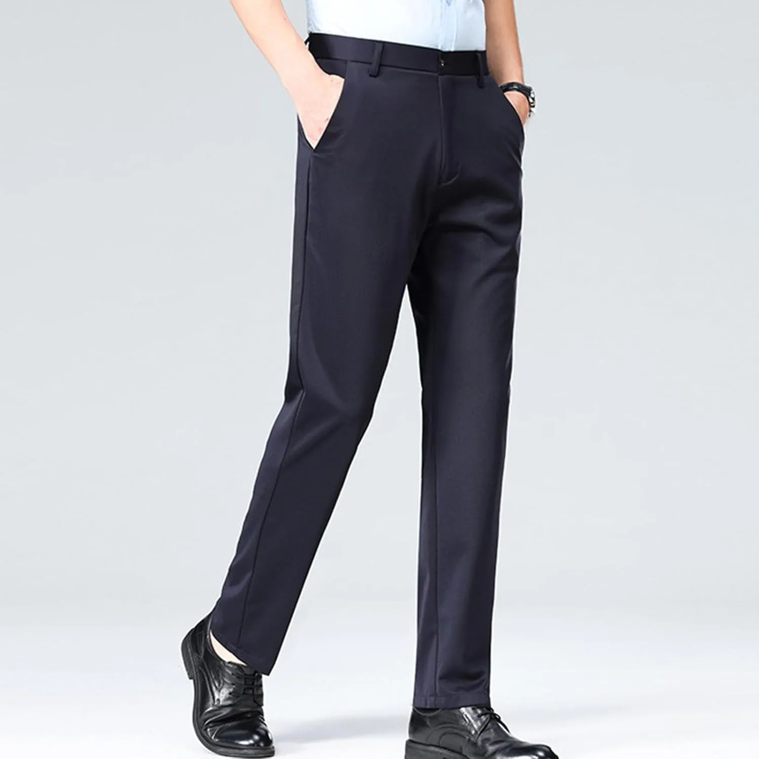 Cotton Men's Dress Pants Slim Fit Mid Waist Button Closure Lightweight Formal Trousers Business Office Casual Wedding